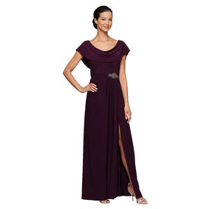 Alex Evenings Cowl Neck Beaded Gown Size 16P Formal Eggplant Mother Of The Bride